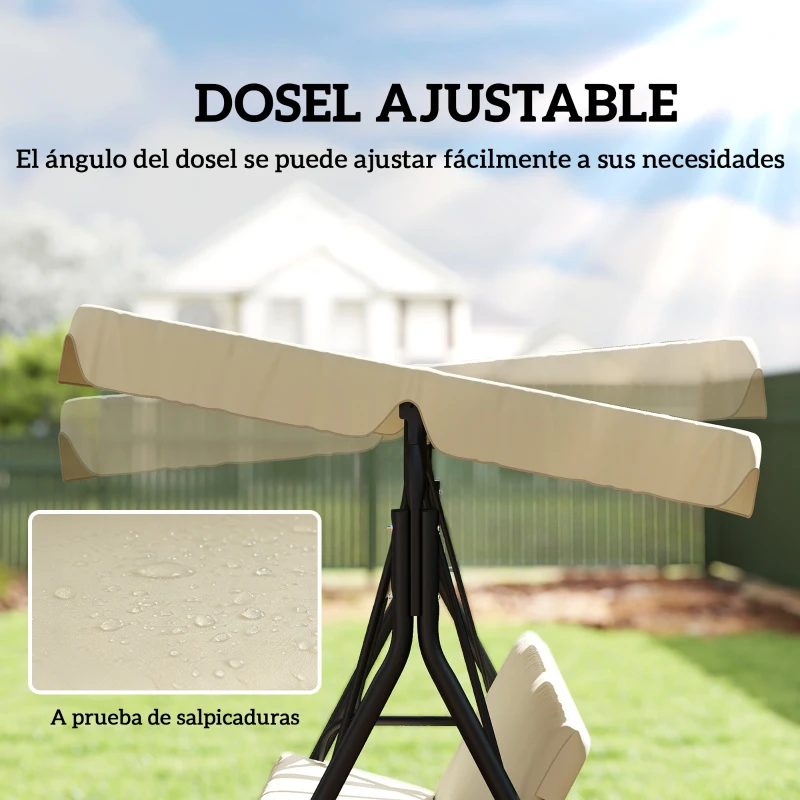 Outsunny Balancín de Jardín Exterior Columpio de 3 Plazas con Toldo Ajustable y Marco de Acero 172x118x153 cm Beige