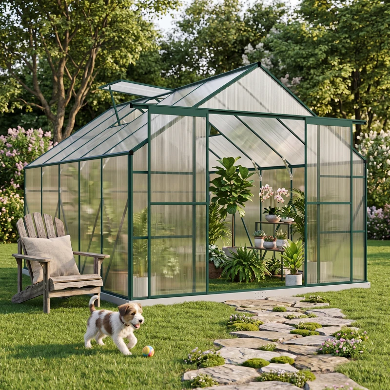 Outsunny 8 x 12ft Aluminium Greenhouse Polycarbonate Walk in Garden Greenhouse Kit with Adjustable Roof Vent, Double Sliding Door, Rain Gutter and Foundation, Clear