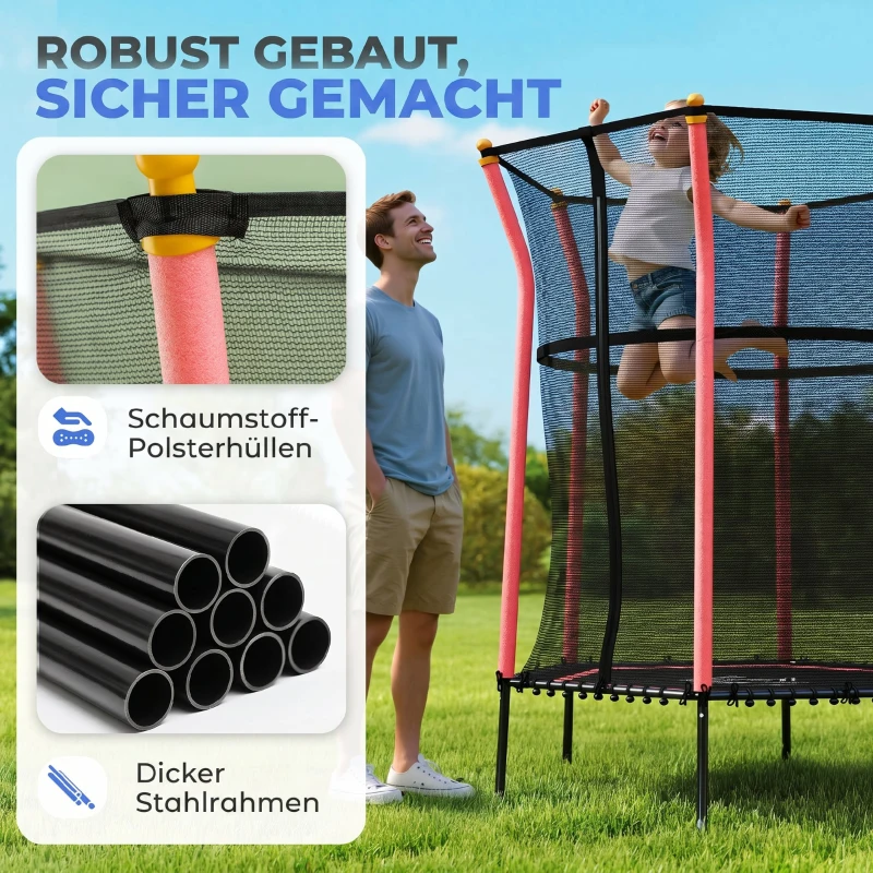 HOMCOM Trampolin für Kinder, 122 x 111 cm, mit Sicherheitsnetz, gepolstert, Stahl, belastbar bis 50 kg, Schwarz & Rot