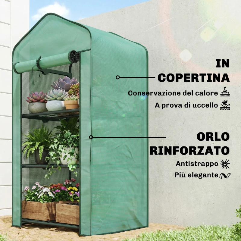Outsunny Mini Serra da Giardino con Copertura in PE, 3 Ripiani e Porta Avvolgibile, 59x39x127cm, Verde