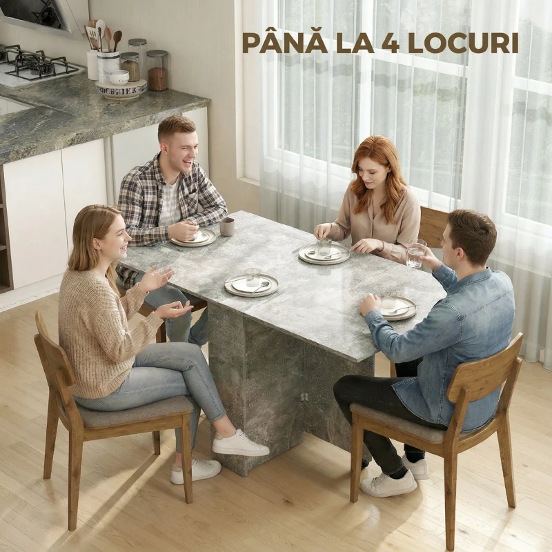 HOMCOM Masă de Dining Pliabilă cu Extensii și Roți cu Frână pentru 4-6 Persoane, Birou Pliabil,140x80x74 cm, Gri Ciment