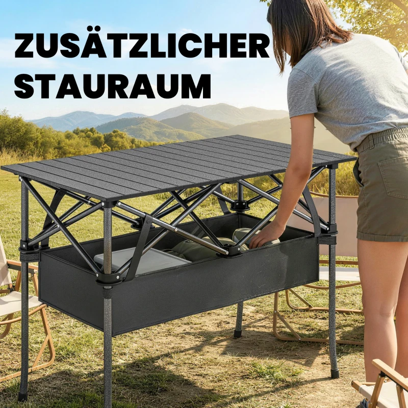 Outsunny Klappbarer Rollbarer Picknicktisch Tragbarer Campingtisch mit Netzablage und Tragetasche für den Außenbereich, Schwarz