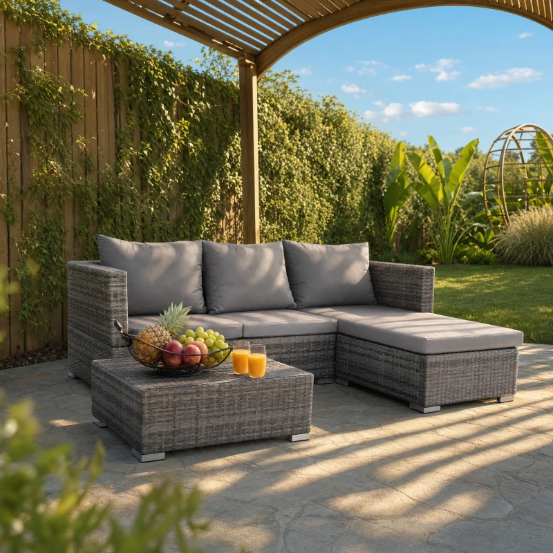 Outsunny 3PC Rattan Garden Furniture Storage Sofa Set, 4 Seater Wicker Coffee Table Conservatory Sun Lounger Reclining Set with Cushion, Grey