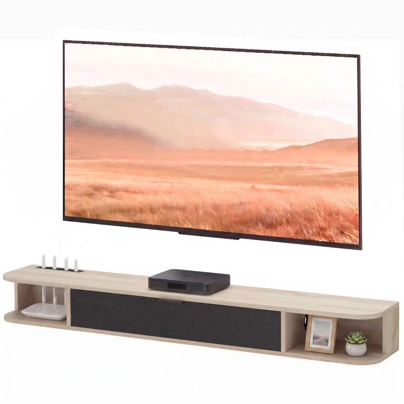 HOMCOM Móvel de TV suspenso, móvel para televisores até 152,4 cm, gaveta basculante 2 prateleiras 140x24x16cm madeira natural