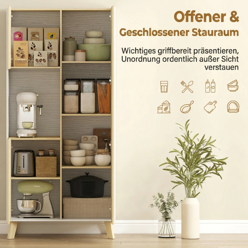 HOMCOM 170 cm Küchenschrank, Moderner Schrank mit offenem Fach, verstellbaren Regalen, Naturholz-Optik