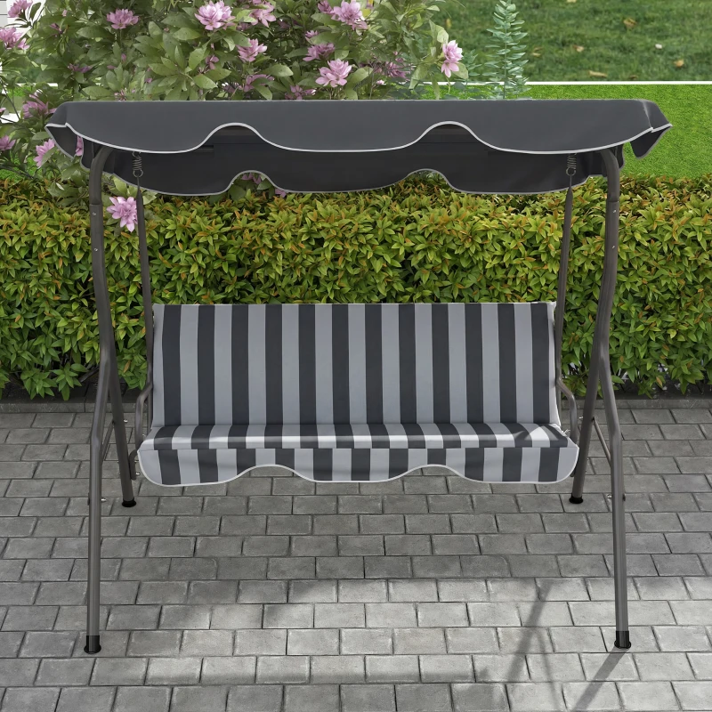 Outsunny Balancelle de Jardin 3 Places Toit imperméabilisé Inclinaison réglable Coussins Assise Dossier gris, blanc rayé
