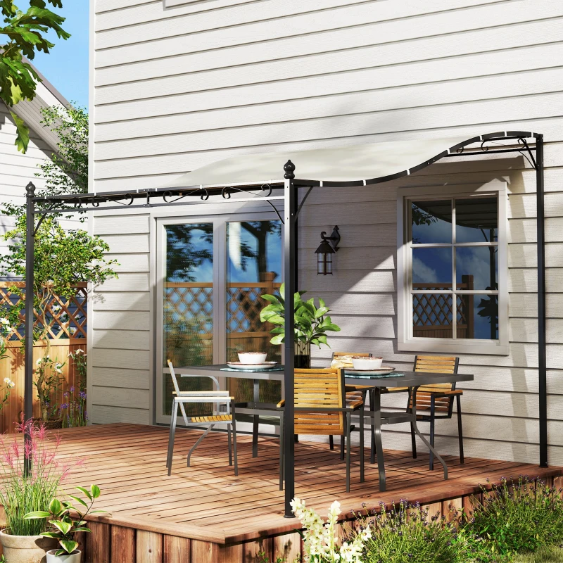 Outsunny 3 x 2,5 m pergola, wandgemonteerde tuinpergola, waterbestendig, metalen frame, afvoergaten, schaduwdoek, crèmewit
