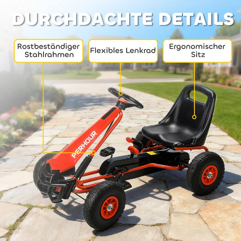 AIYAPLAY Pedal-Gokart für Kinder, höhenverstellbarer Sitz, EVA-Räder, Bremse, Kupplung, 3-8 Jahre, Rot
