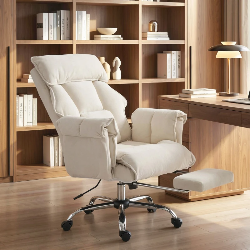 HOMCOM Bürostuhl Höhenverstellbarer Drehstuhl mit Lendenwirbelstütze, Fußstütze, Schneeflanell, 80 x 80 x 106-114 cm Cremeweiß