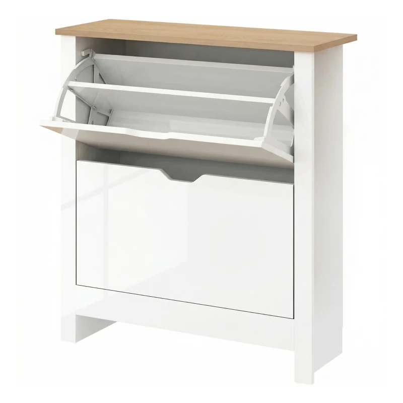 HOMCOM Slim Shoe Cabinet, Narrow Shoe Cupboard with 2 Flip Drawers, Adjustable Shelves for 12 Pairs of Shoes, High Gloss White
