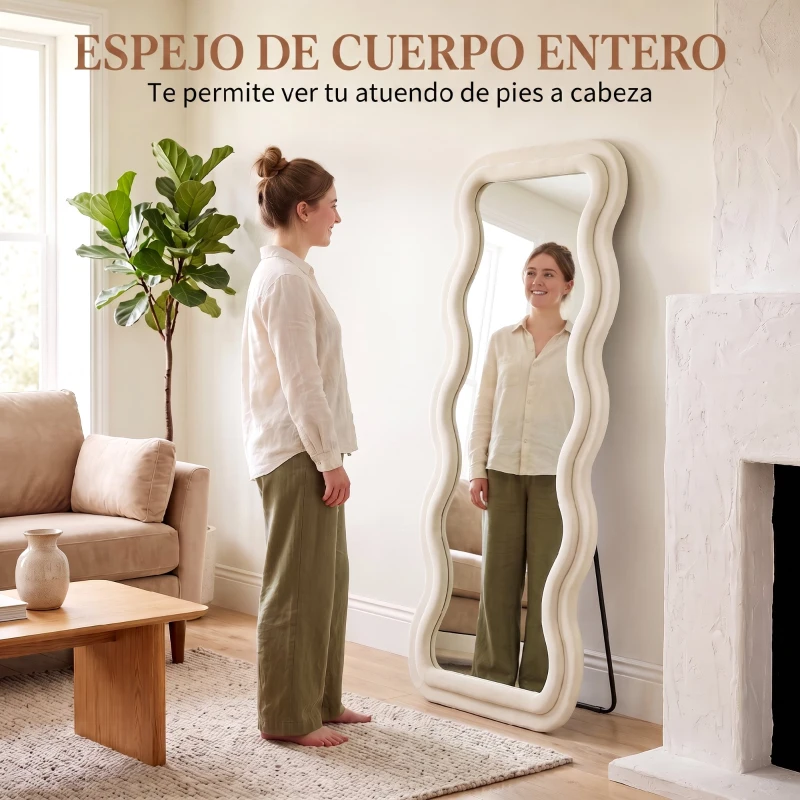 HOMCOM Espejo de Cuerpo Entero 160x60 cm Marco Ondulado Aterciopelado Independiente Apoyado y de Pared Crema