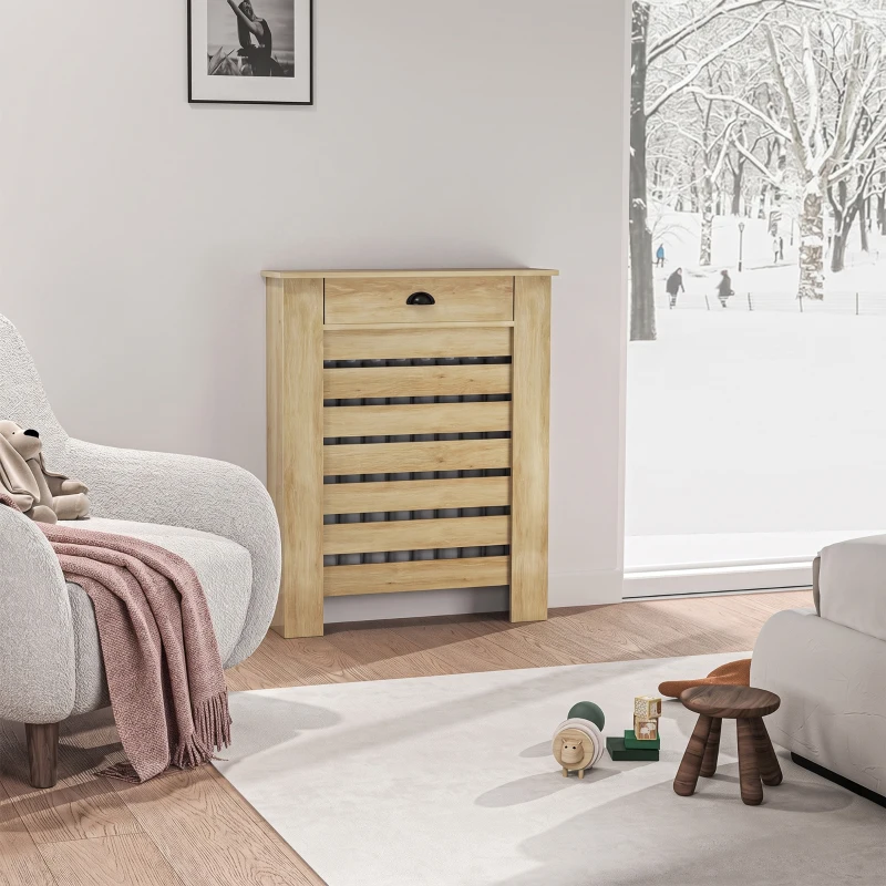 HOMCOM Couvercle de radiateur cache radiateur grille à lattes horizontales avec 2 tiroirs en bois 78l x 19P x 95,5H cm chêne