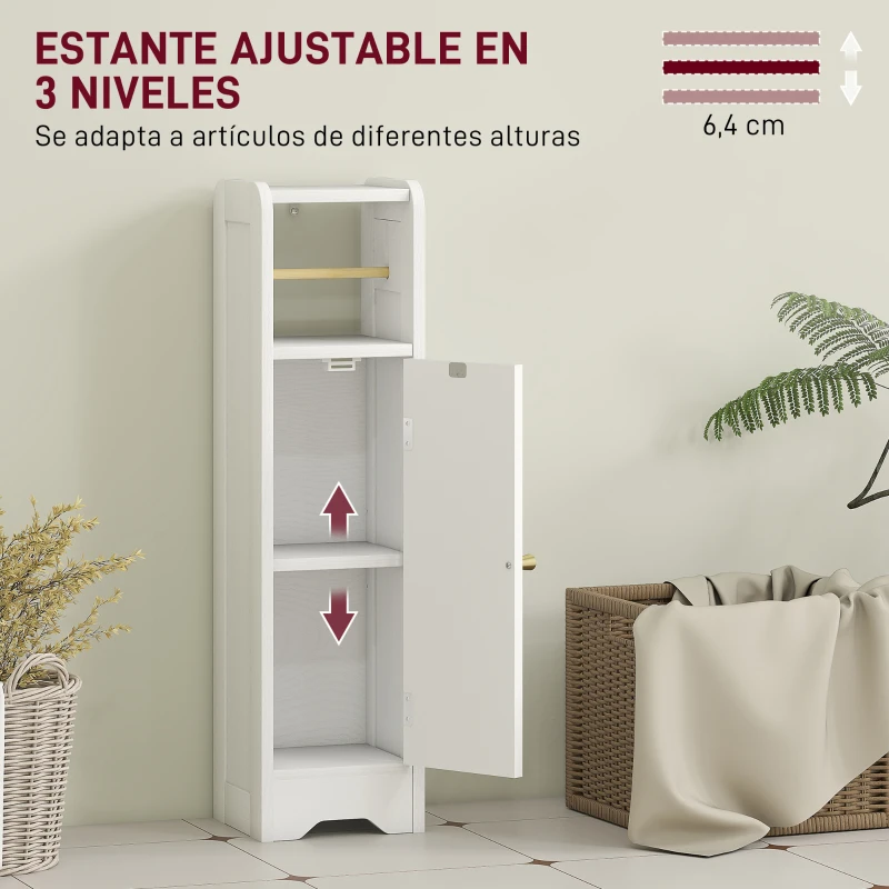 HOMCOM Armario de Baño Estrecho Mueble Auxiliar de Baño con Estante Ajustable y Portarrollos de Papel 21x20x79 cm Blanco