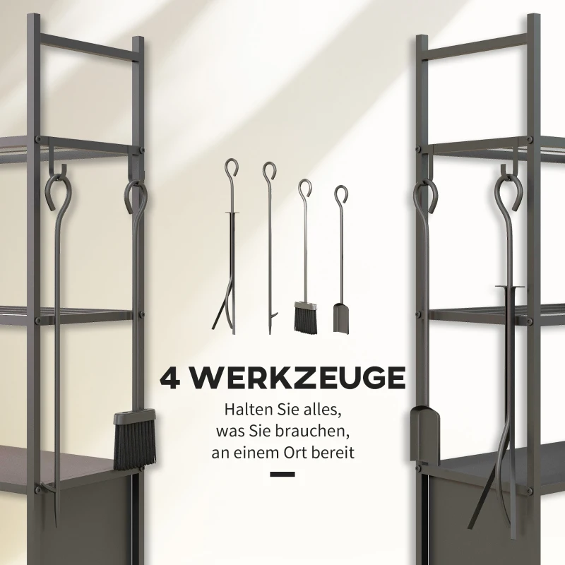 Outsunny Vierlaags Vuurhoutrek met Wielen en 4 Gereedschappen, Haardhoutrek van Metaal voor Binnen en Buiten, Zwart