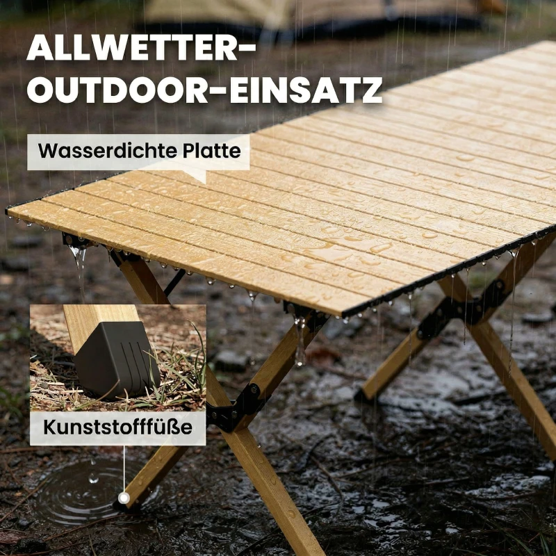 Outsunny Campingtisch 117 x 60 cm Aluminium Klapptisch mit Aufrollbare Tischplatte Holz-Optik Tragetasche wasserdicht