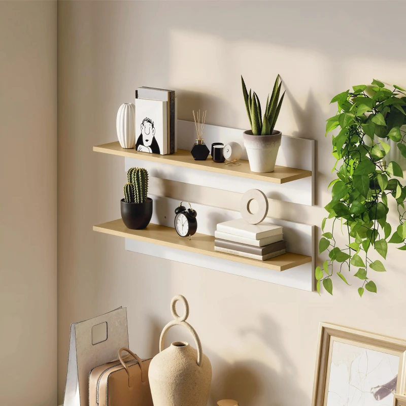 HOMCOM Lot de 2 étagères murales de 80 cm, étagères flottantes pour salon, entrée, chambre et cuisine, blanc et bois naturel