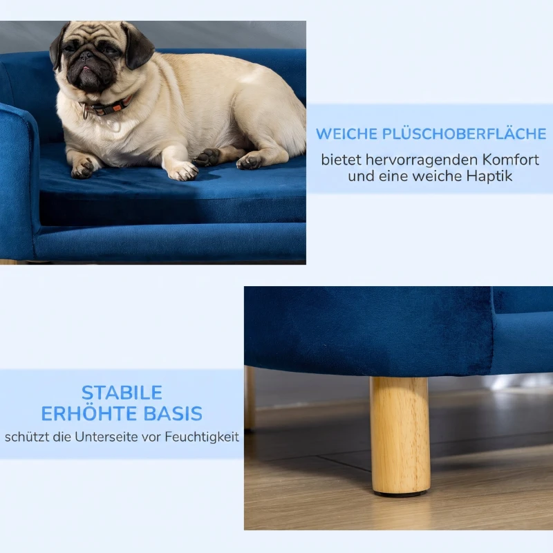 PawHut Hundesofa Hundebett aus holländischem Samt Hundecouch mit Rückenlehne, Holzbeine, Kissen Blau