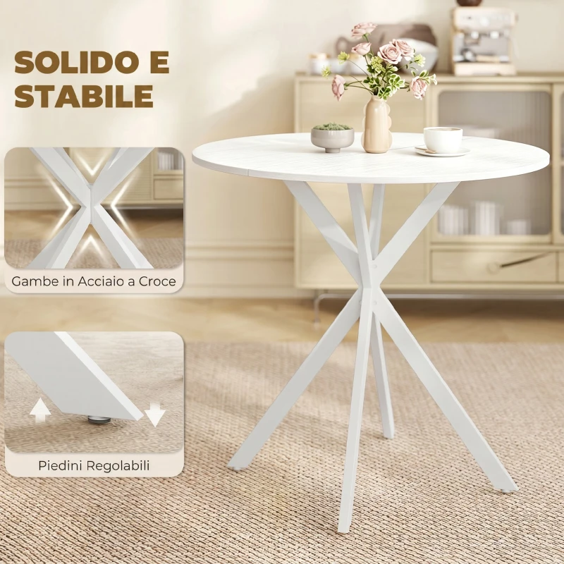 HOMCOM Tavolo da Pranzo Rotondo Stile Industriale con Gambe a Croce in Acciaio, Ø80x75 cm, Bianco