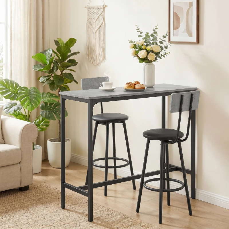 HOMCOM Mesa de bar con 2 taburetes acolchados y reposapiés para comedor, espacios pequeños, gris