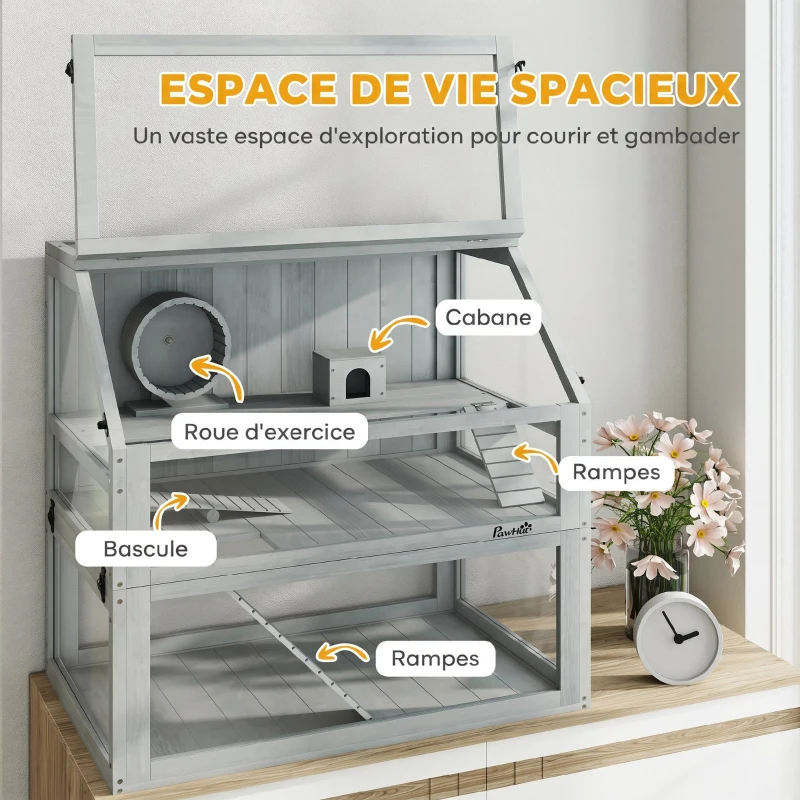 PawHut Cage Hamster Rongeur à 3 Niveaux, Base Amovible Profonde, Cabane, Balançoire, 80x50x76cm Gris Clair