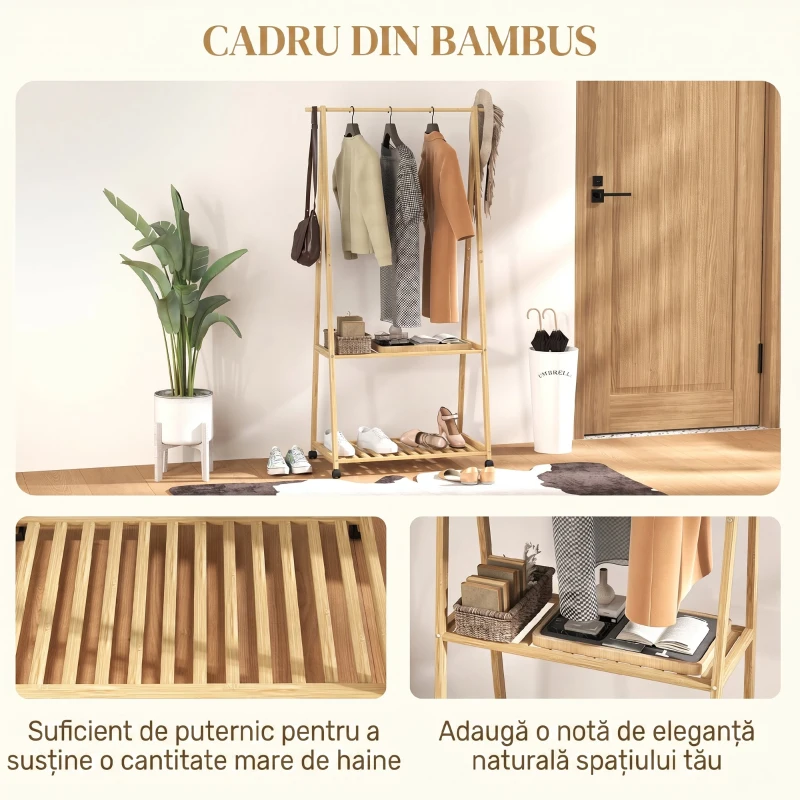 HOMCOM Cuier din Bambus cu Raft pentru Încălțăminte, 2 Cârlige, Cuier Mobil pentru Hol, Sufragerie, Natural