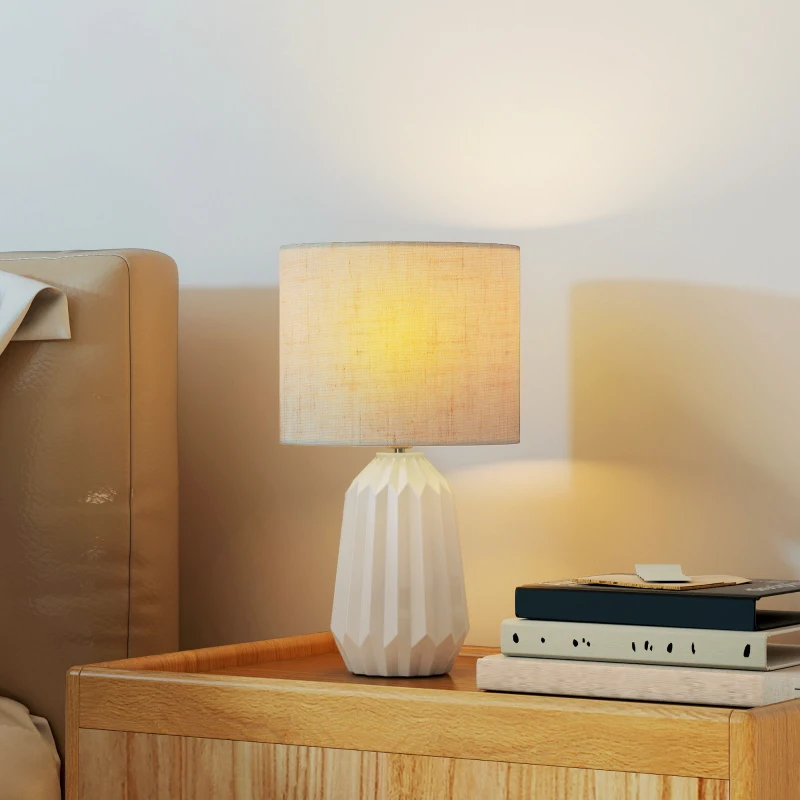 HOMCOM Lampe de Table avec Base en Céramique et Abat-Jour en Lin, Lampe de Chevet avec Interrupteur, Culot E27, Blanc et Beige