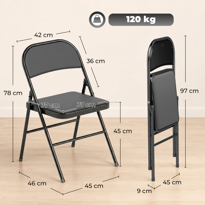 HOMCOM Set de 2 Scaune Pliabile Metalice, Tapițate cu Piele Ecologică PU, pentru Interior, cu Șezut Confortabil și Spătar Deschis