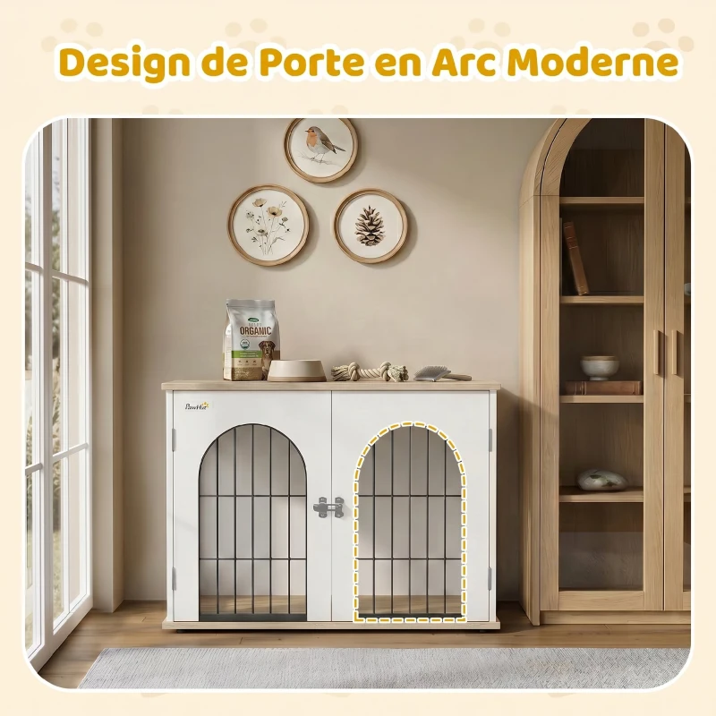 PawHut Cage pour Chien Meuble Cage Chien Intérieur Arche avec Double Porte comme Table d'Appoint en Métal 80x56x59cm Blanc