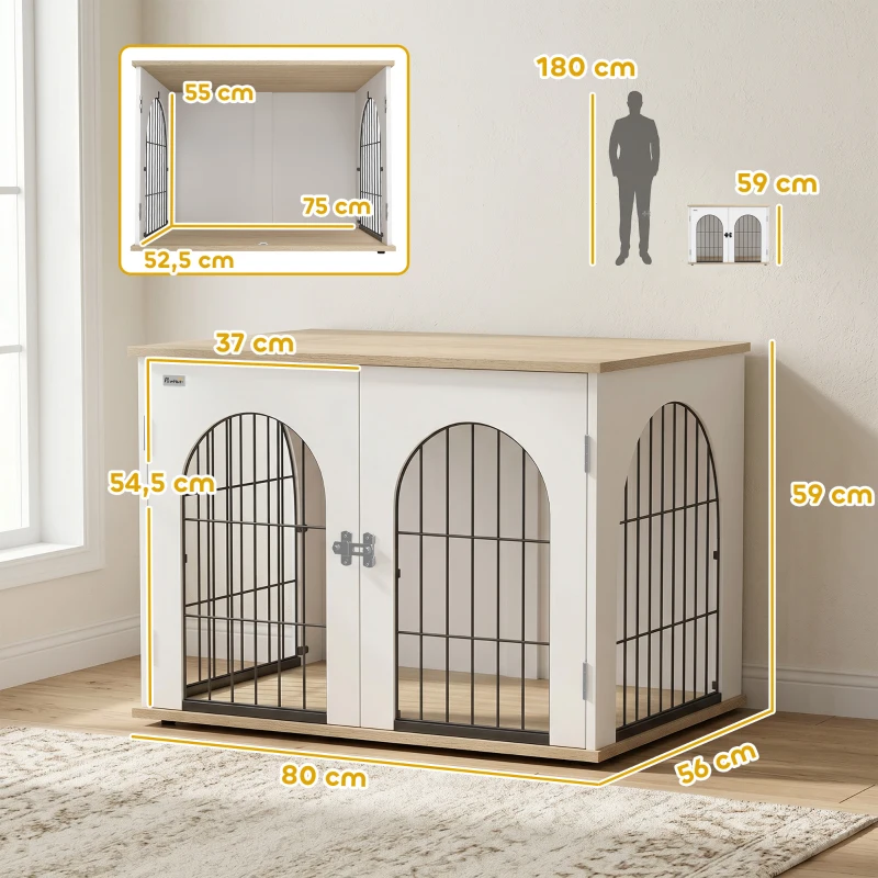 PawHut Cage pour Chien Meuble Cage Chien Intérieur Arche avec Double Porte comme Table d'Appoint en Métal 80x56x59cm Blanc