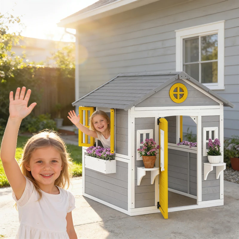 Outsunny Wooden Playhouse with Doors, Windows, Plant Pots, Boxes, for 3-8 Years - Grey