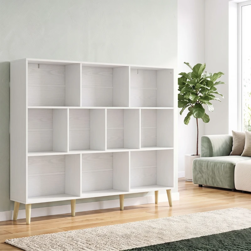 HOMCOM Bibliothèque à 3 Niveaux avec 10 Compartiments, Étagère de Rangement avec Pieds en Bois Massif, Effet Bois Blanc