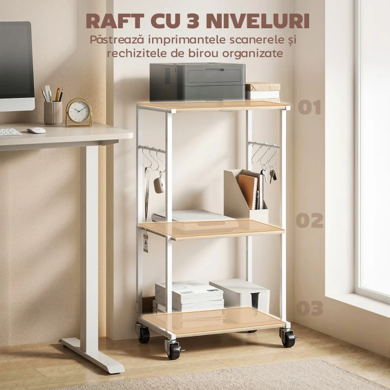 HOMCOM Suport pentru Imprimantă pe 3 Niveluri cu Roți și Cârlige, Masă Modernă, Lemn Natural.