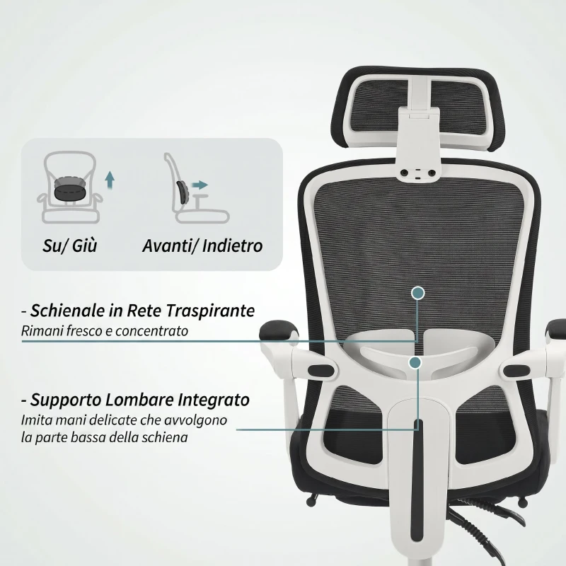 HOMCOM Sedia Ufficio Reclinabile 135° con Poggiapiedi, Supporto Lombare, Poggiatesta, Altezza Regolabile, in Rete, Nero