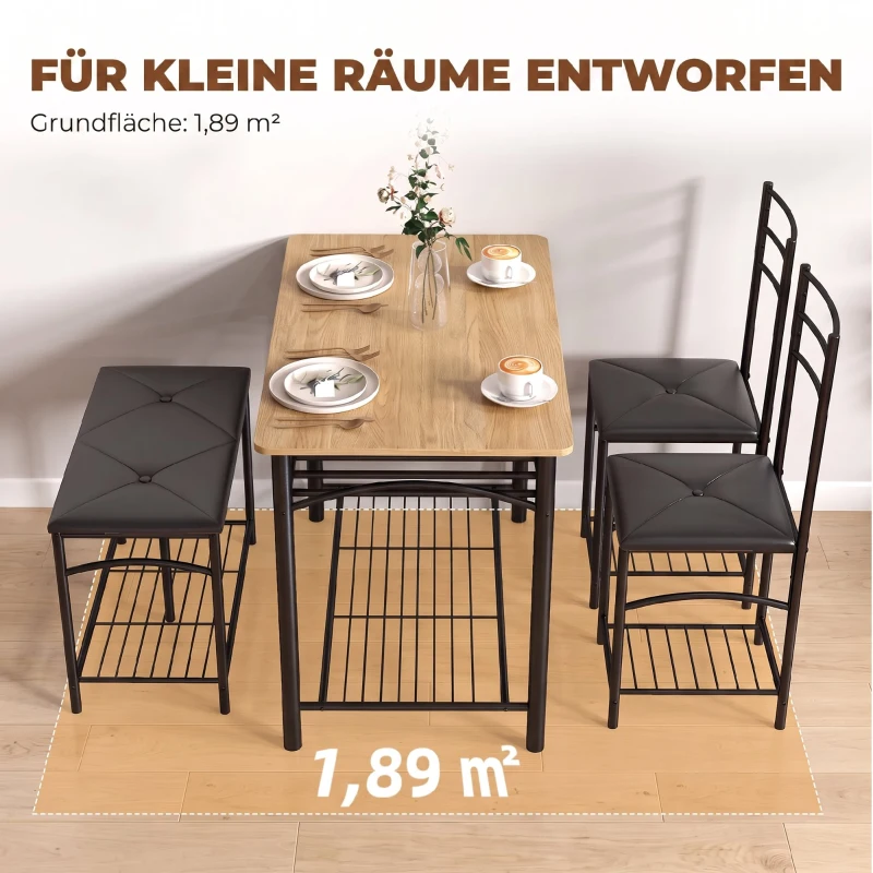 HOMCOM 4-delig eethoekset, industriële keukentafel met 2 stoelen en bank voor 4 personen, gestoffeerde PU-lederen zitplaatsen, bruin
