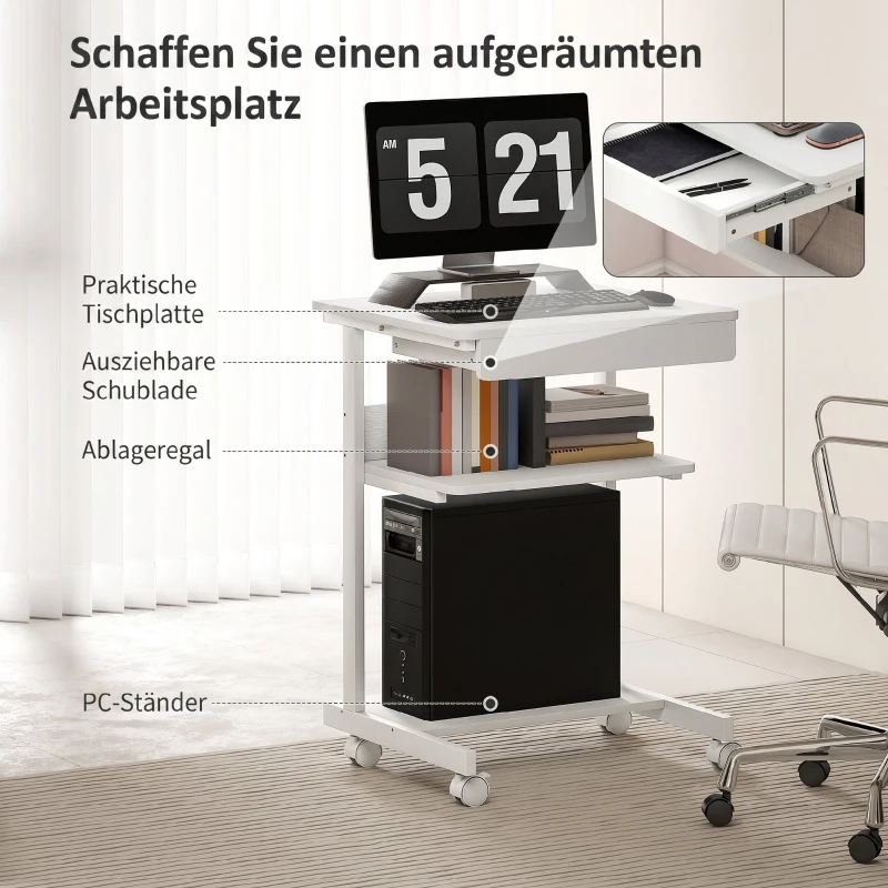 HOMCOM Roll-Schreibtisch mit Schublade und Regalen, 4 Räder, kompakt, Spanplatte, Metall
