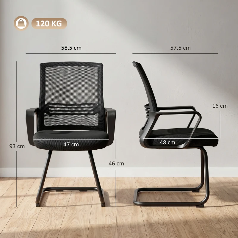 HOMCOM Set de 2 scaune ergonomice pentru birou fără roți, scaune de conferință tapițate cu cadru tip sanie pentru sala de așteptare și recepție, Negru