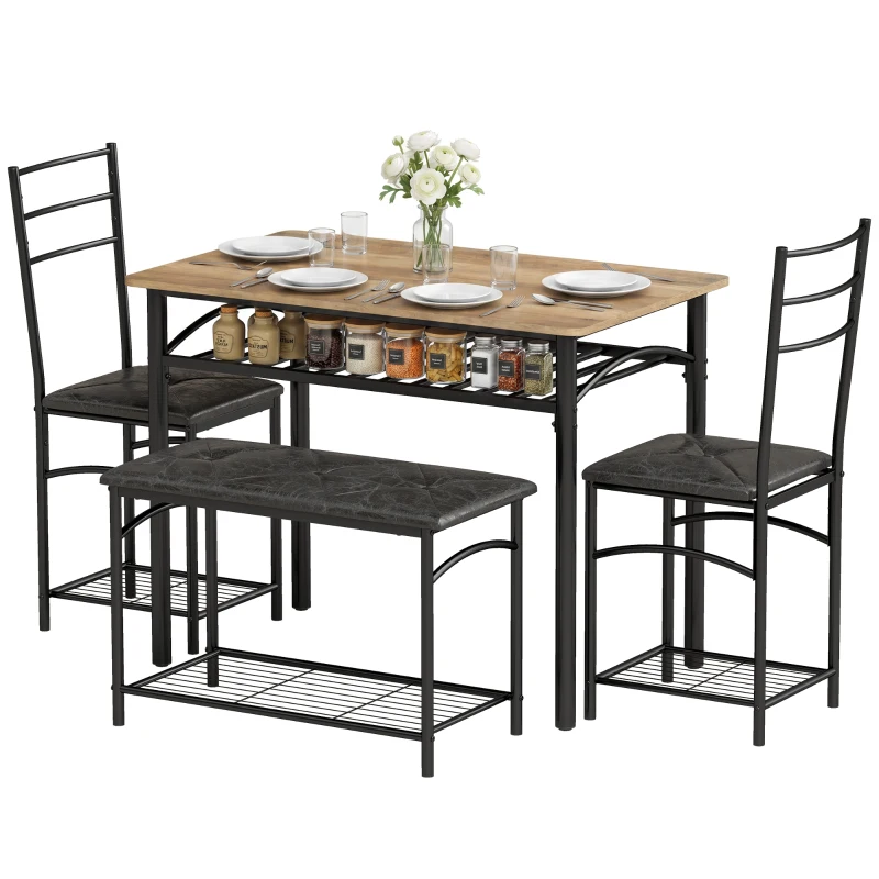 HOMCOM Set de dining 4 piese, masă de bucătărie în stil industrial cu 2 scaune și bancă pentru 4 persoane, scaune tapițate cu piele PU, maro