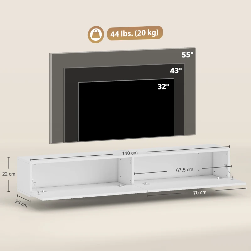 HOMCOM Mobile TV sospeso per TV fino 183 cm con 2 ante ribaltabili, 140x25x22 cm, bianco