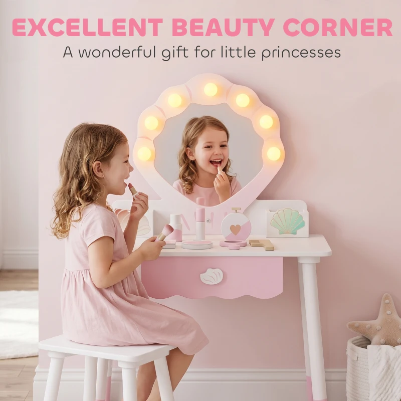 AIYAPLAY Kids Vanity Set, Kids Dressing Table with Chair, Acrylic Mirror, Lighted Bulbs, 7-Piece Accessories, for 3-8 Years, Pink