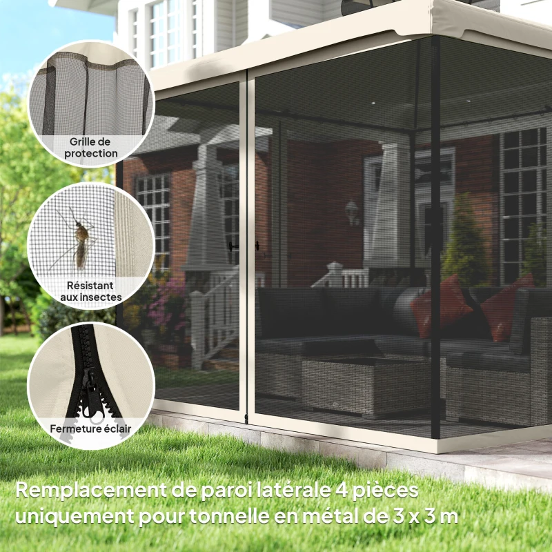 Outsunny Moustiquaires pour tonnelle barnum pavillon de jardin 3 x 3 m - lot de 4 moustiquaires zippées noir et crème
