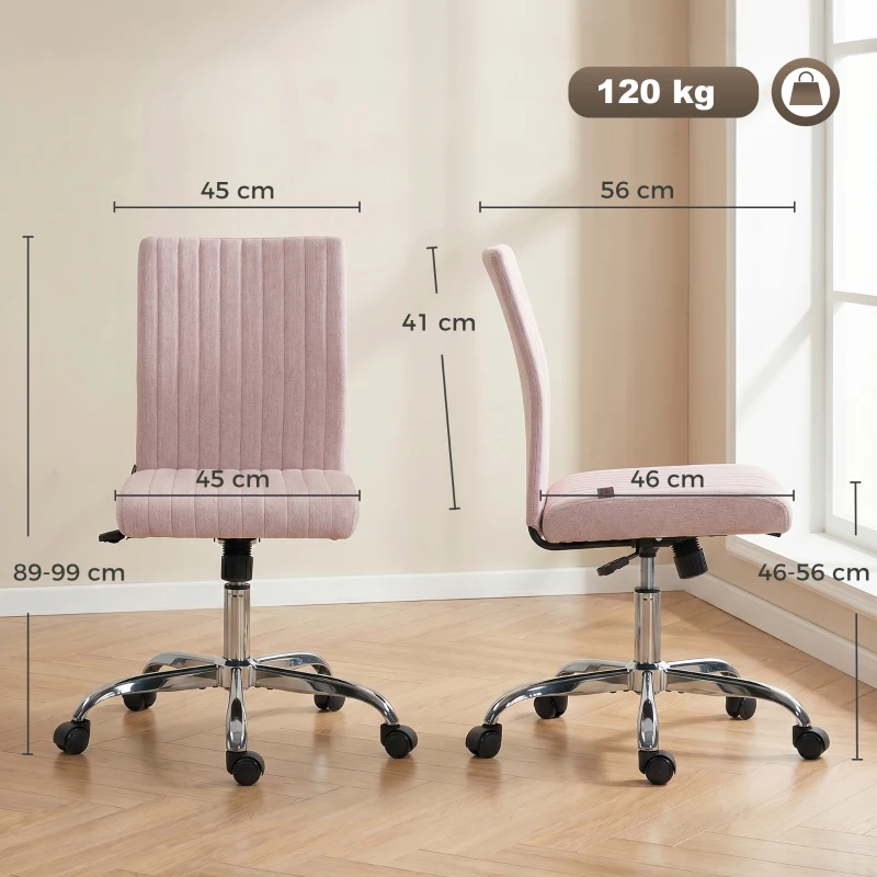 HOMCOM Chaise de bureau sans accoudoirs, fauteuil de bureau, hauteur réglable et pivotant 360°, 43 x 56 x 89-99 cm, rose