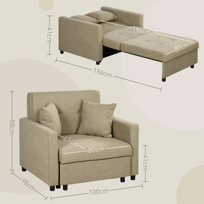 HOMCOM Poltrona Letto in Tessuto Effetto Velluto Marrone Chiaro con 2 Cuscini e Spazio Portaoggetti, 100x98x88 cm