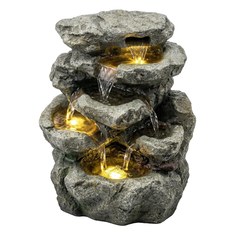 Outsunny Outdoor Fountain with 6-Tier Rock Design, Waterfall Feature with LED Lights, Resin Freestanding Garden Fountain, Grey
