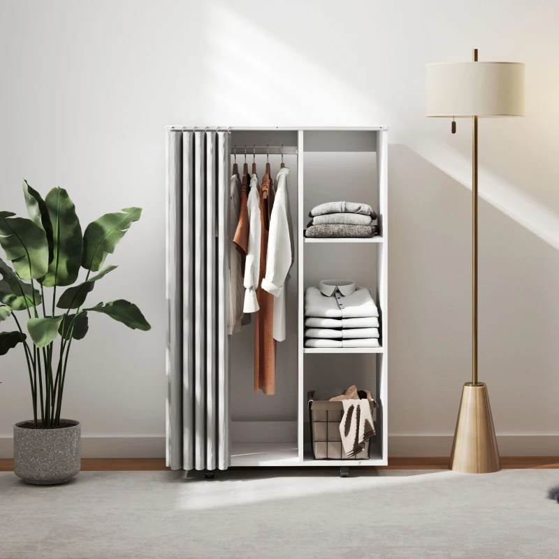 HOMCOM Stand Appendiabiti con 4 Ruote, Ripiani Aperti, Asta per Vestiti, Tende per Guardaroba, per Camera da Letto Soggiorno Corridoio, Bianco