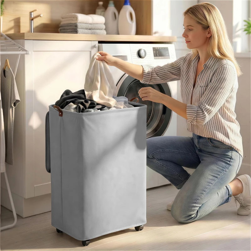 HOMCOM Cesto de Ropa Sucia con Tapa y Ruedas 50L Cesta de Ropa Sucia Plegable con Bolsa con Cordón Extraíble 40x30x65 cm Gris