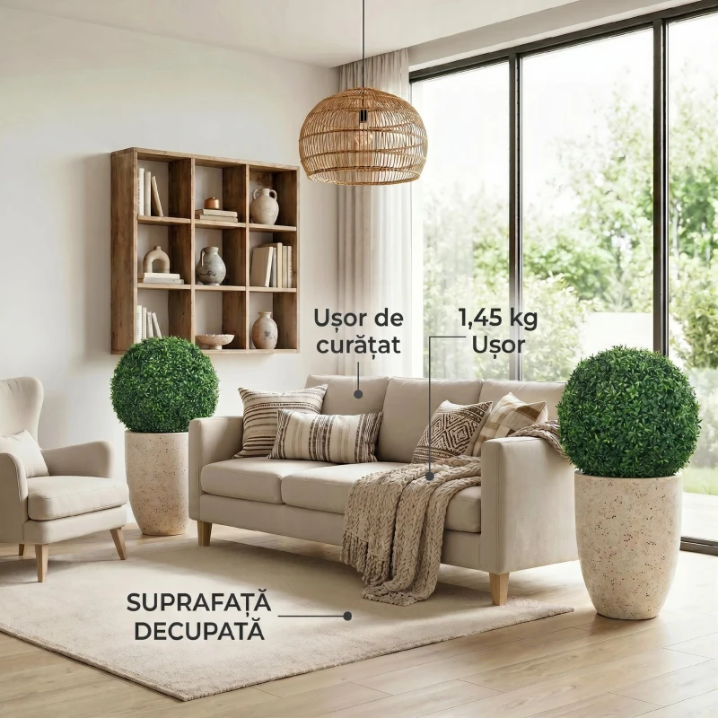 HOMCOM Plante Decorative Artificiale din Buxus cu 682 de Frunze, Rezistente la UV, Înălțime 42 cm