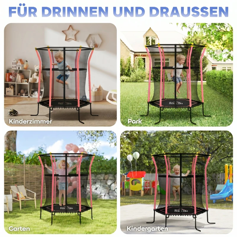 HOMCOM Trampolin für Kinder, 122 x 111 cm, mit Sicherheitsnetz, gepolstert, Stahl, belastbar bis 50 kg, Schwarz & Rot