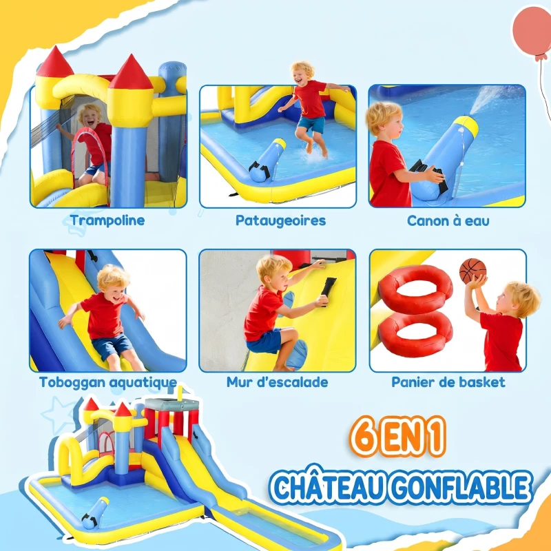 AIYAPLAY Château gonflable avec soufflerie parc aquatique toboggans, trampoline, mur d'escalade, canon, panier de basket