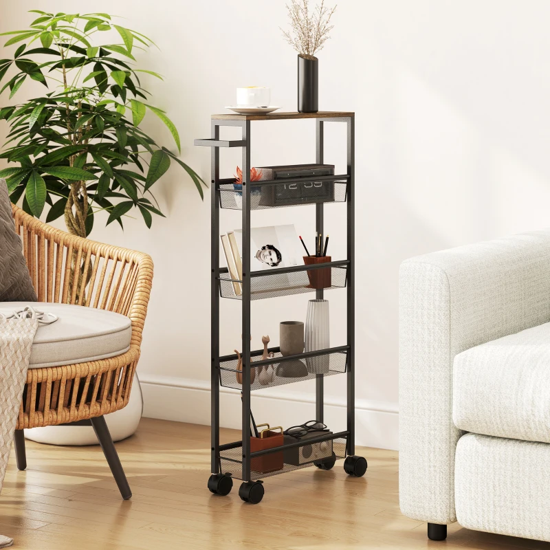 HOMCOM Keukentrolley serveertrolley 5 niveaus, rolwagen keukenrek met werkblad, wielen & greep, 47 x 13 x 96,5 cm, zwart