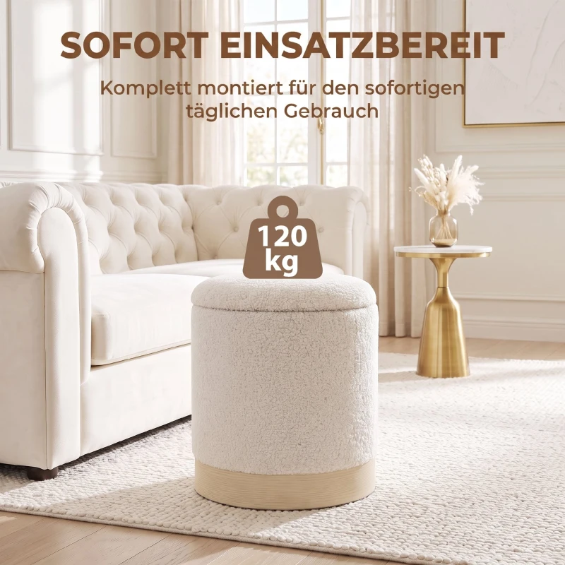 HOMCOM 38 cm ronde hocker met sherpa-bekleding, opbergruimte en houtlook metalen voet, Crèmewit